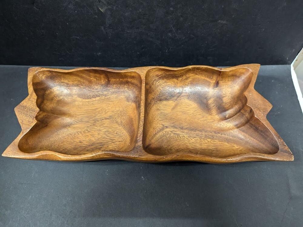 Vintage divided nut tray serving bowl Monkey Pod wood 13.5"